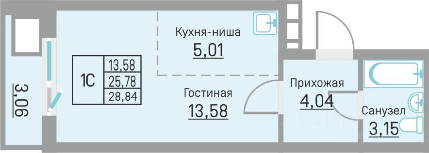 1к. квартира, 28.8 м²