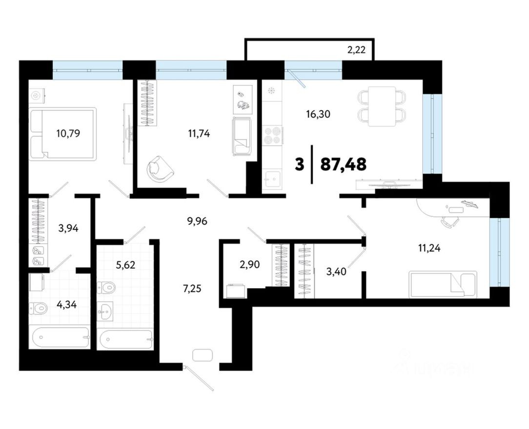 3к. квартира, 87.5 м²
