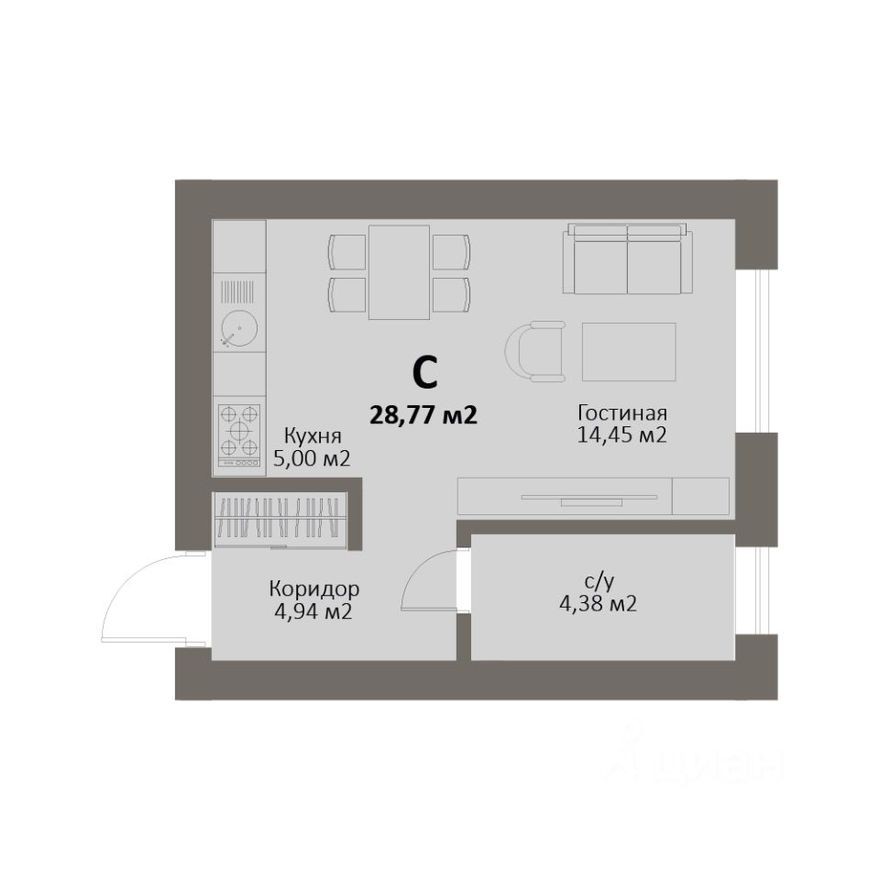 1к. квартира, 28.8 м²