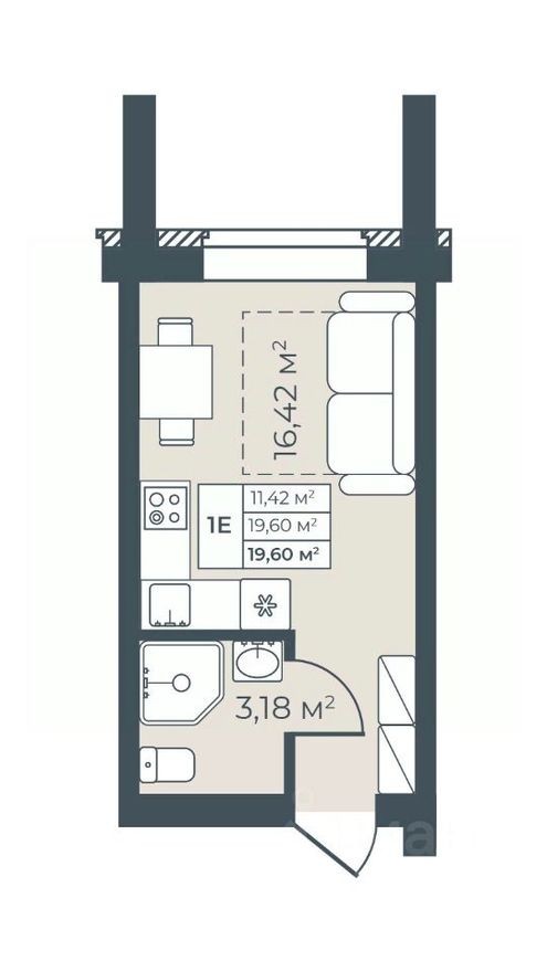 1к. квартира, 19.6 м²
