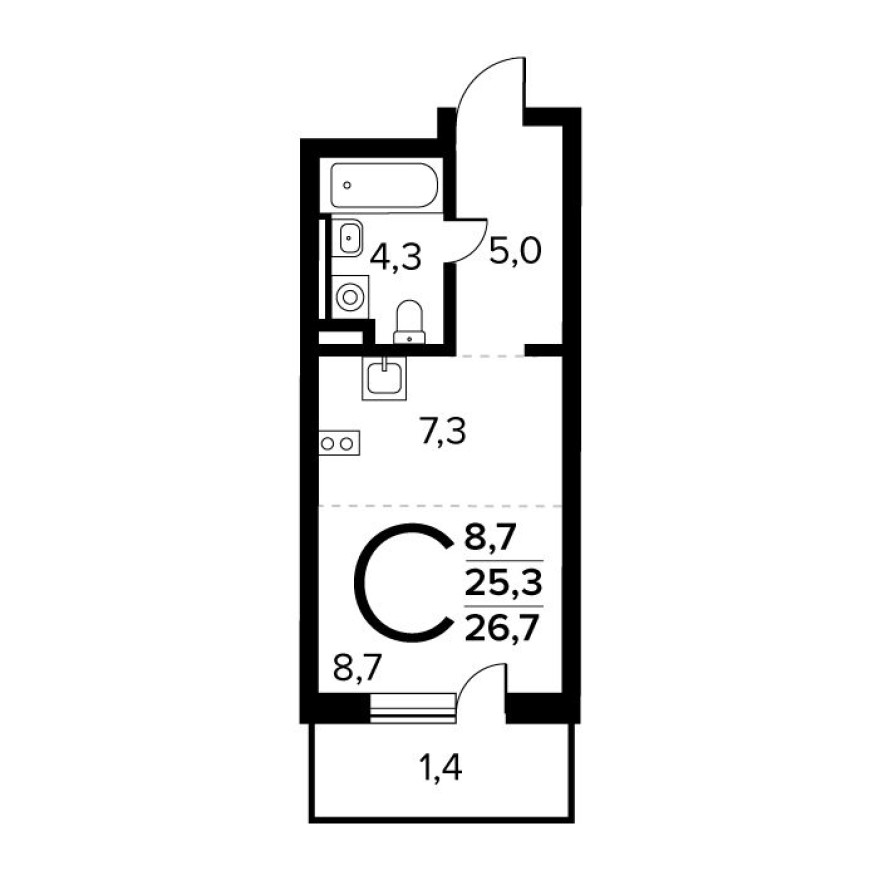 Студия-квартира, 26.7 м²