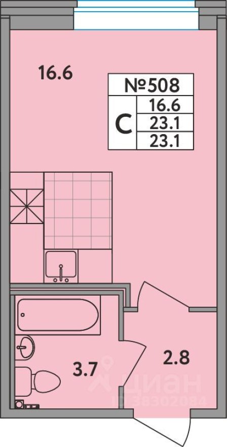 1к. квартира, 23.1 м²