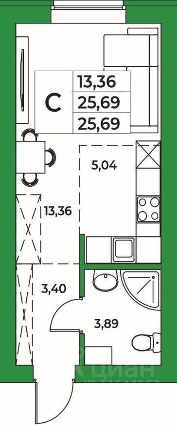 1к. квартира, 25.7 м²