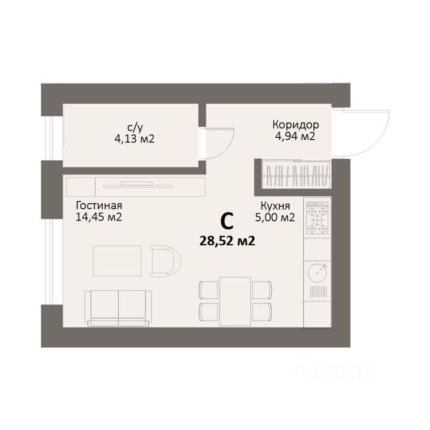 1к. квартира, 28.5 м²