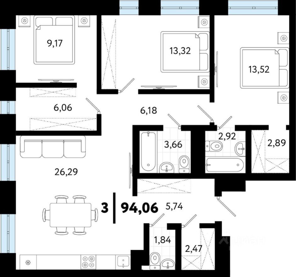 3к. квартира, 94.1 м²