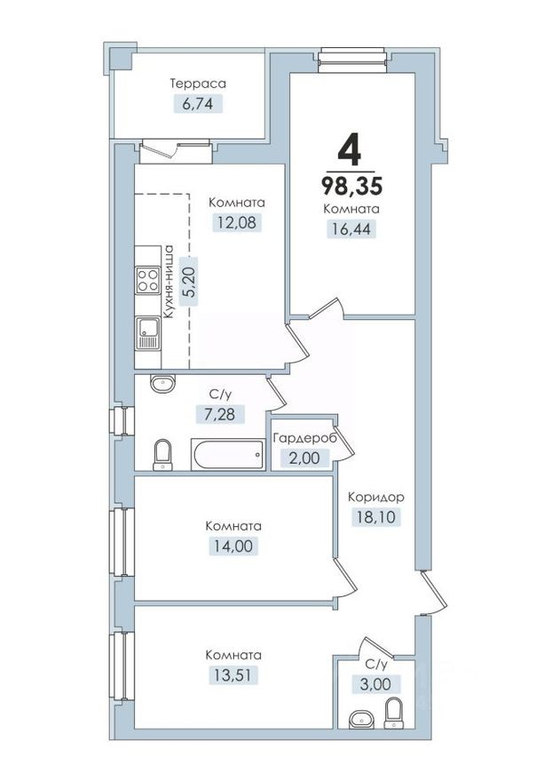 4к. квартира, 98.4 м²