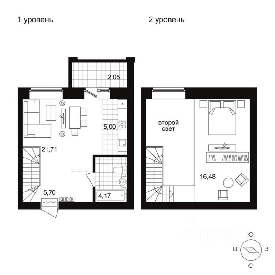 2к. квартира, 44.6 м²