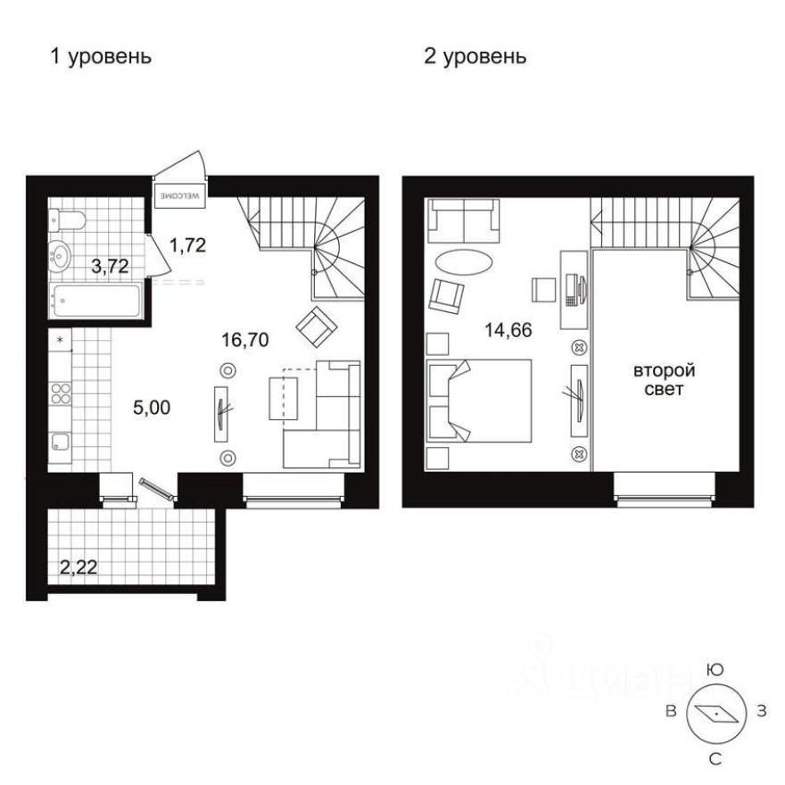 2к. квартира, 44.7 м²