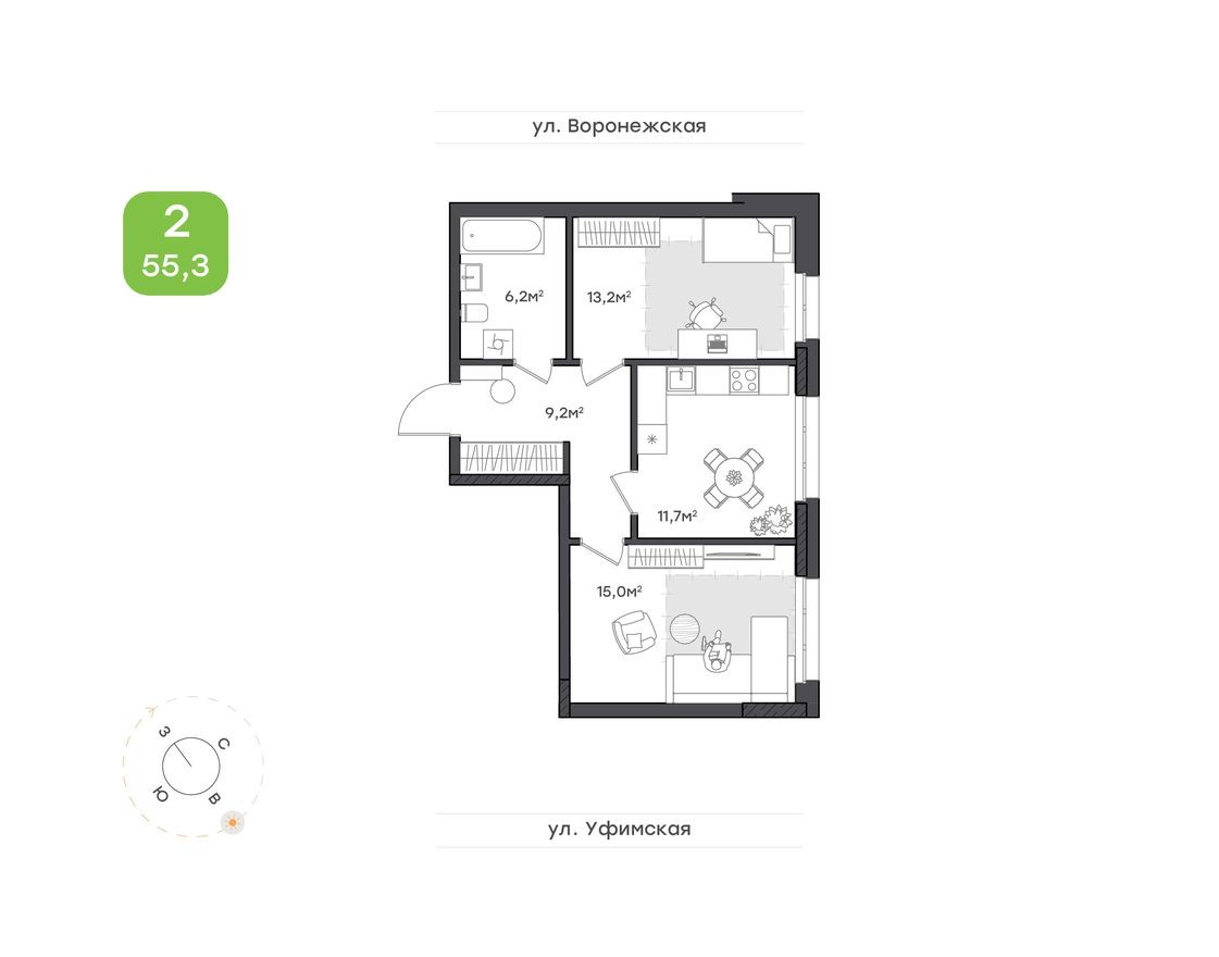 2к. квартира, 55.4 м²