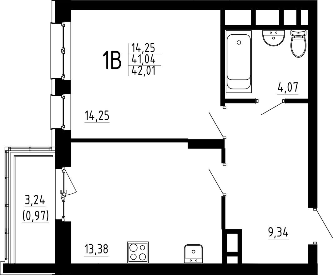 1к. квартира, 42.0 м²
