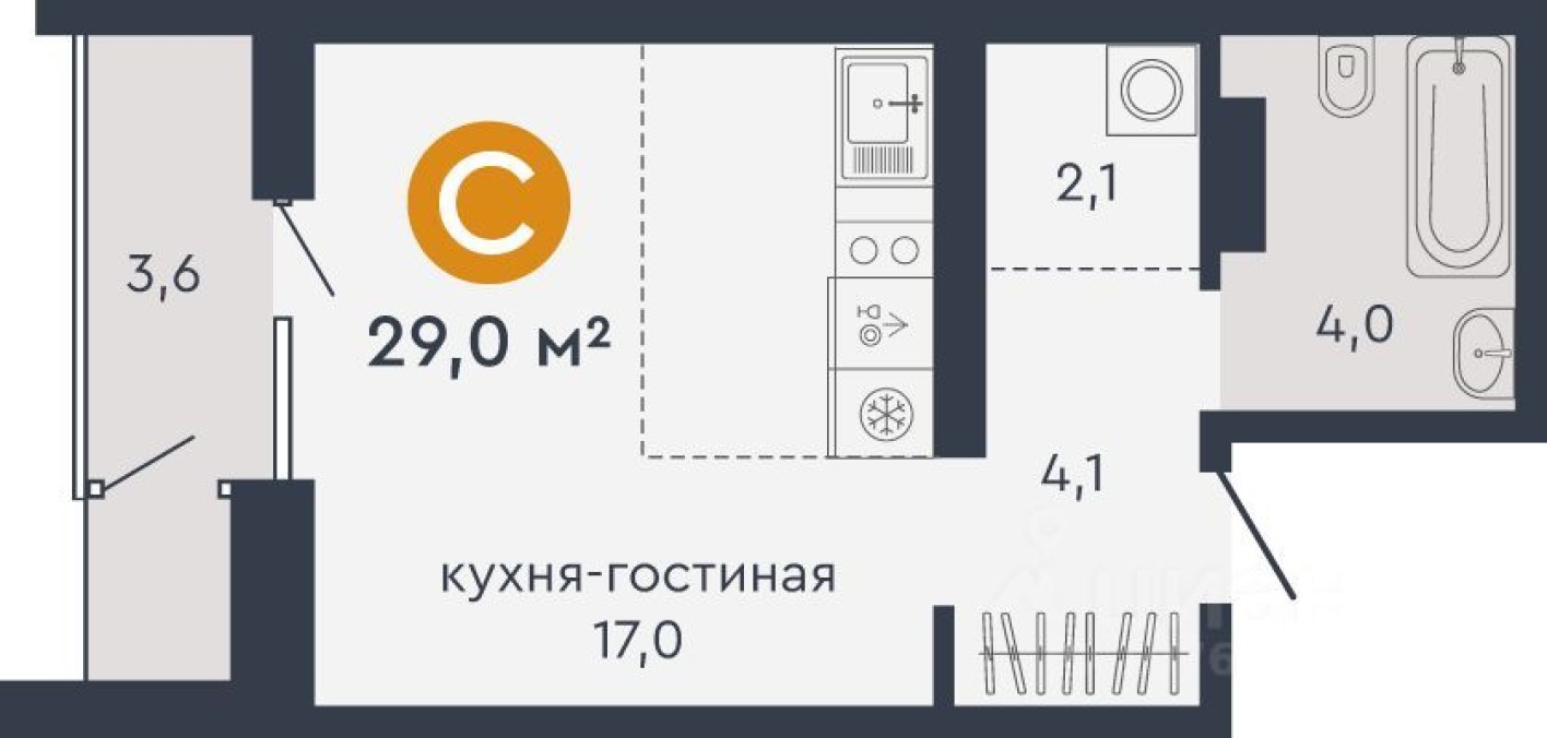 1к. квартира, 29.0 м²