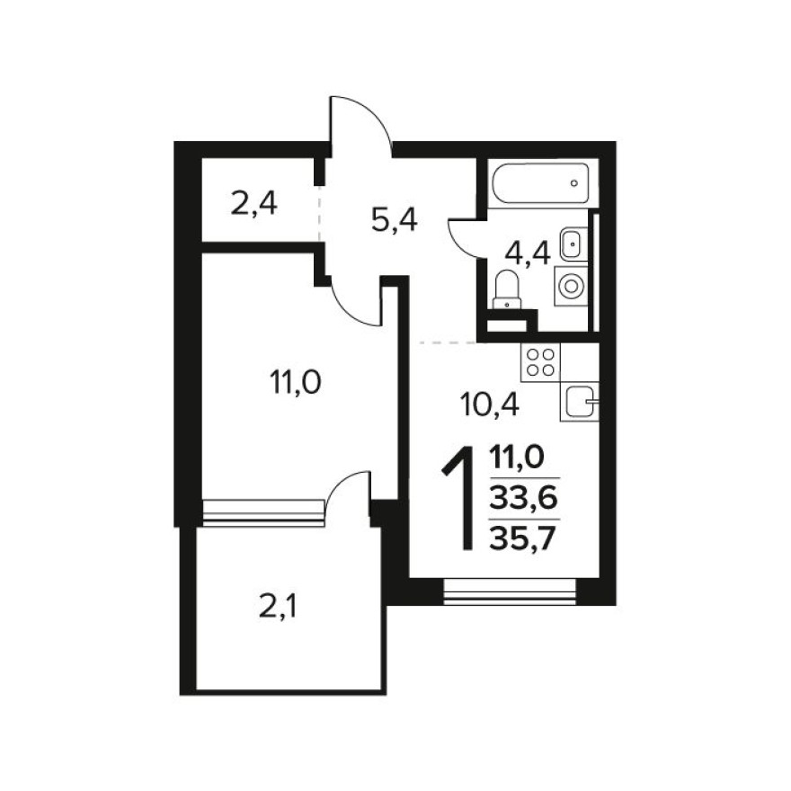 1к. квартира, 35.7 м²