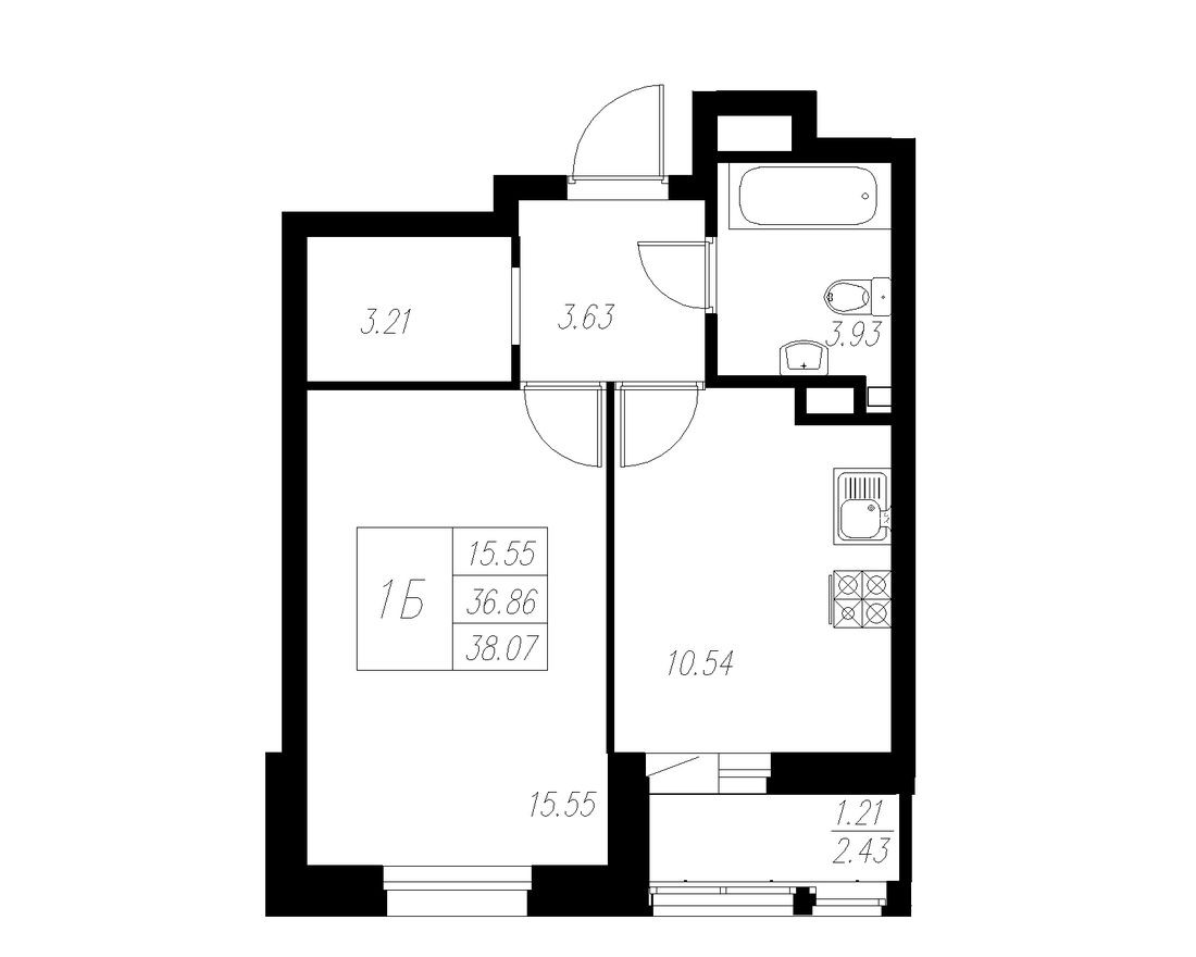 1к. квартира, 38.1 м²