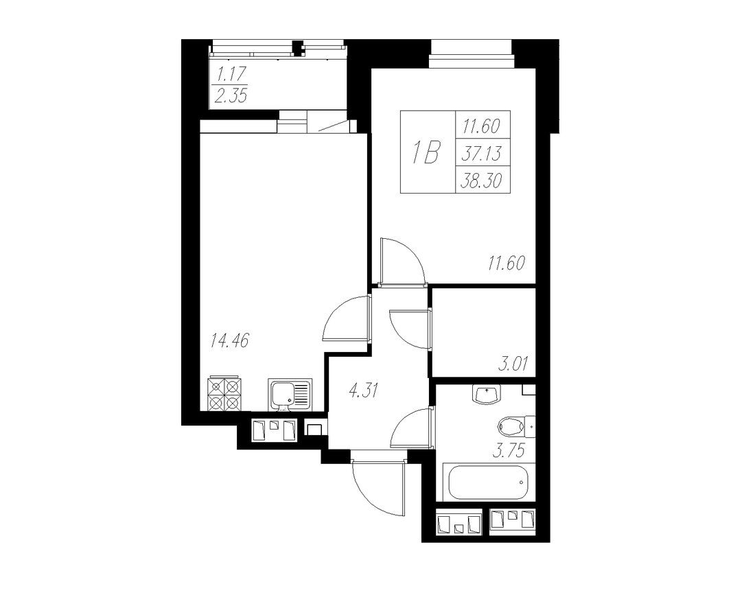 1к. квартира, 38.3 м²