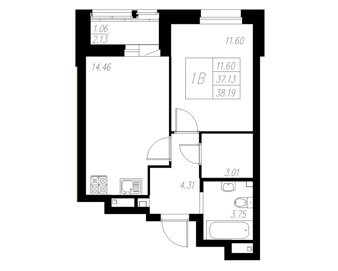 1к. квартира, 38.2 м²