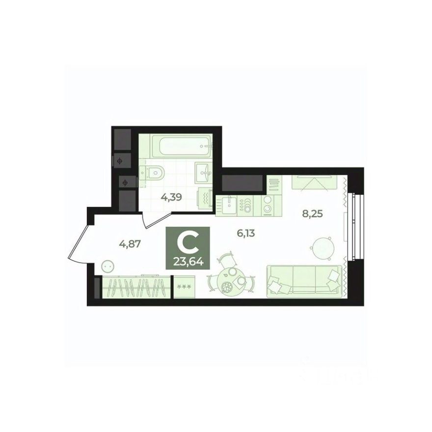 1к. квартира, 23.6 м²