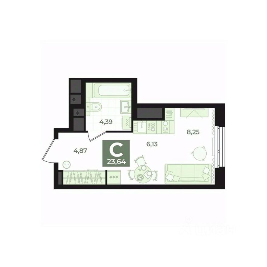 1к. квартира, 23.6 м²