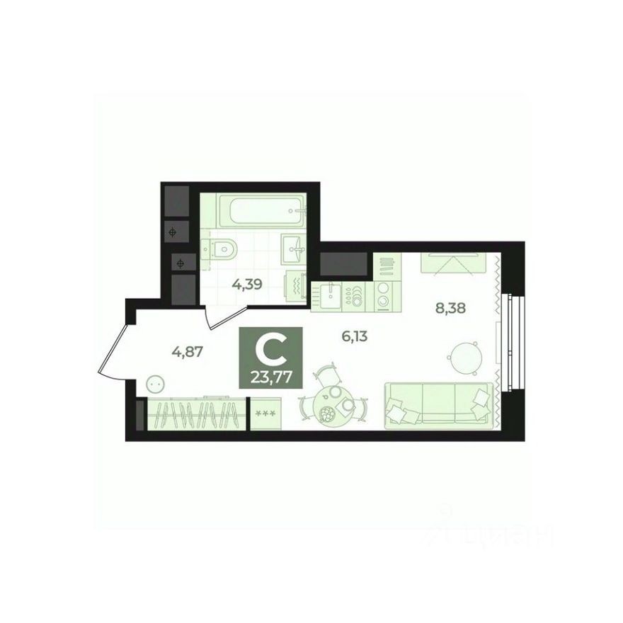 1к. квартира, 23.8 м²