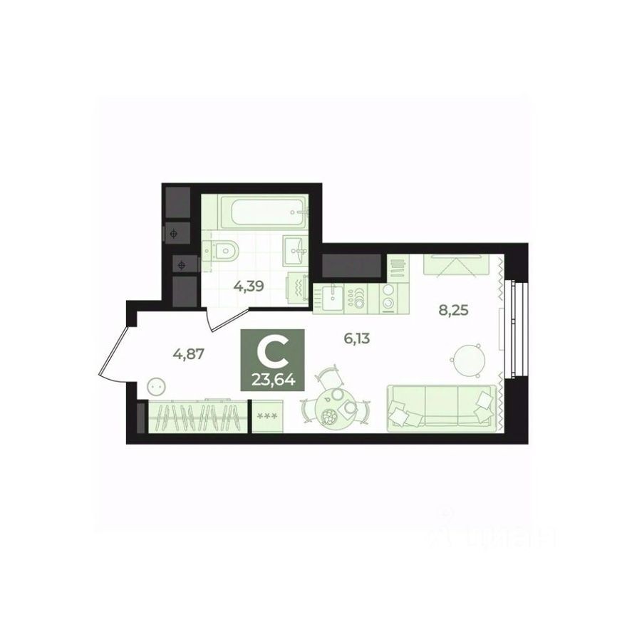 1к. квартира, 23.6 м²