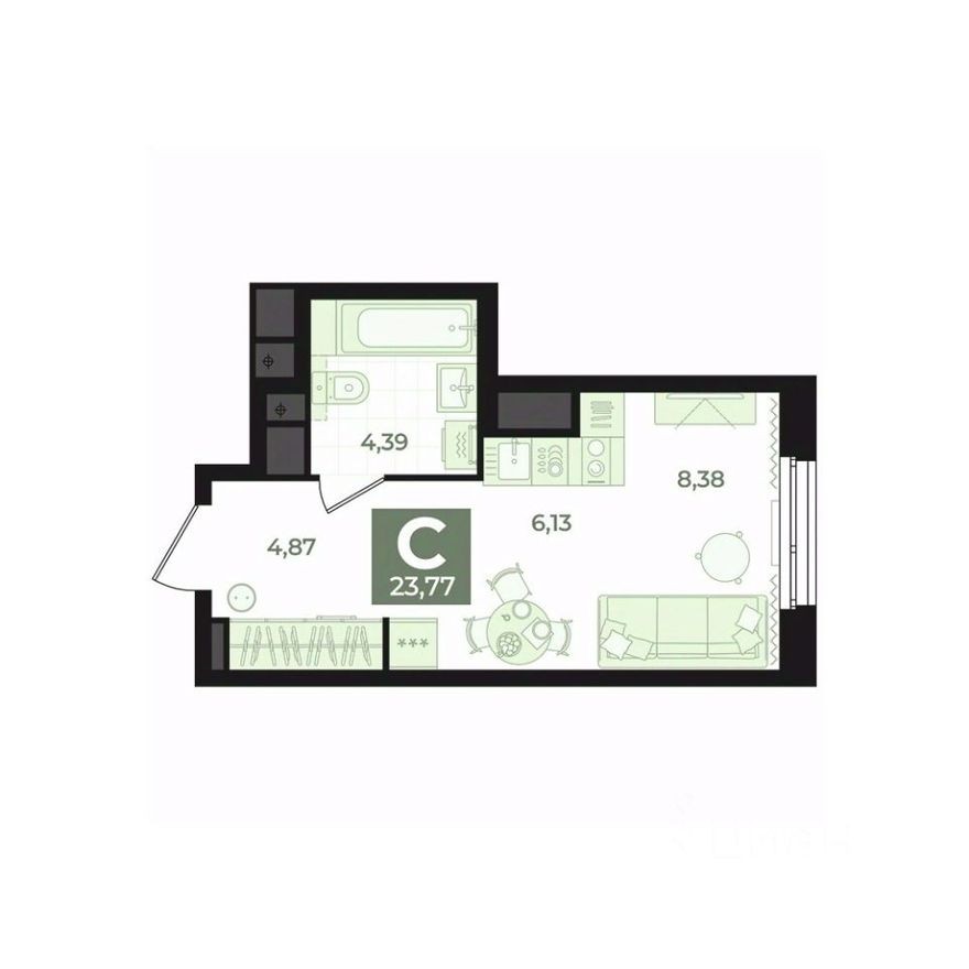 1к. квартира, 23.8 м²