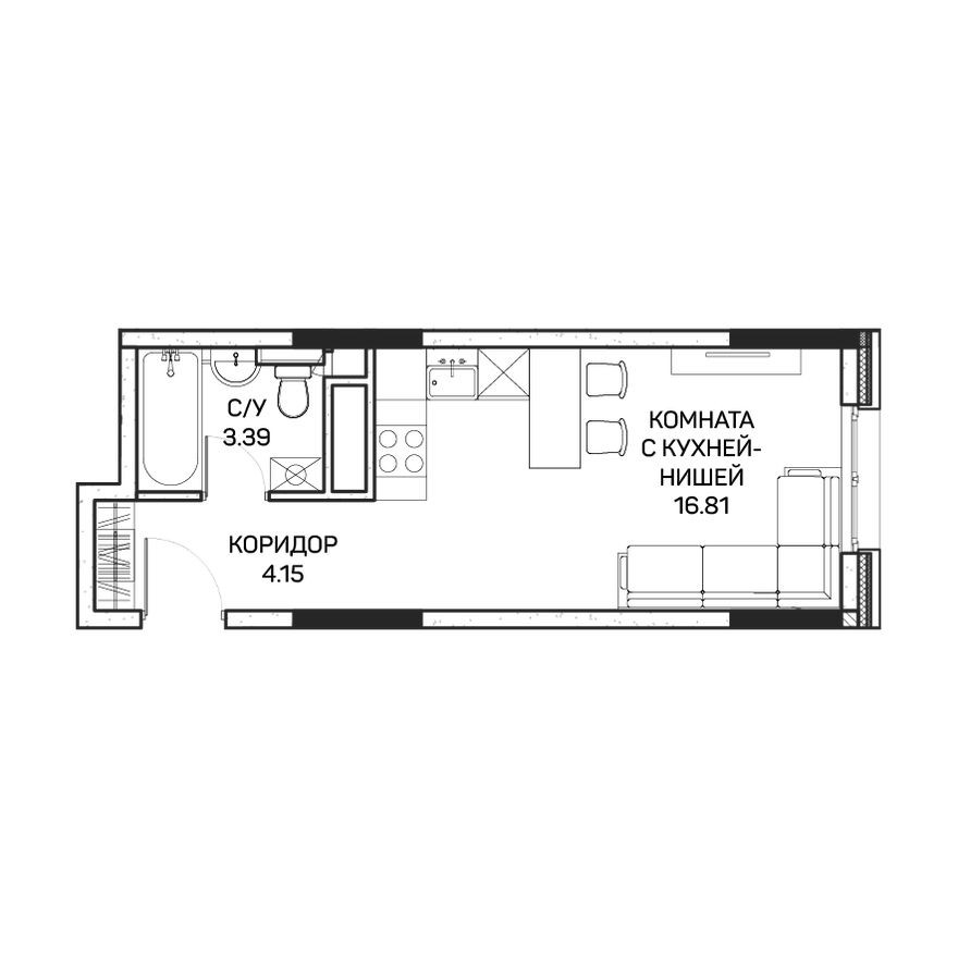 Студия-апартаменты, 24.6 м²