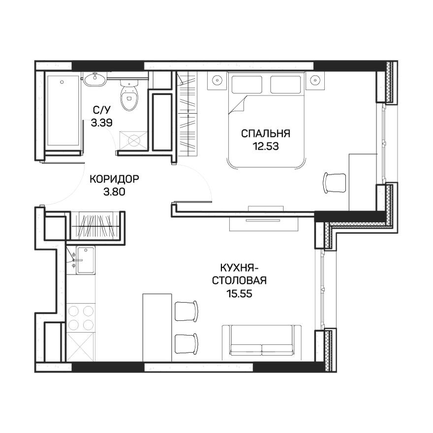 1к. апартаменты, 35.4 м²