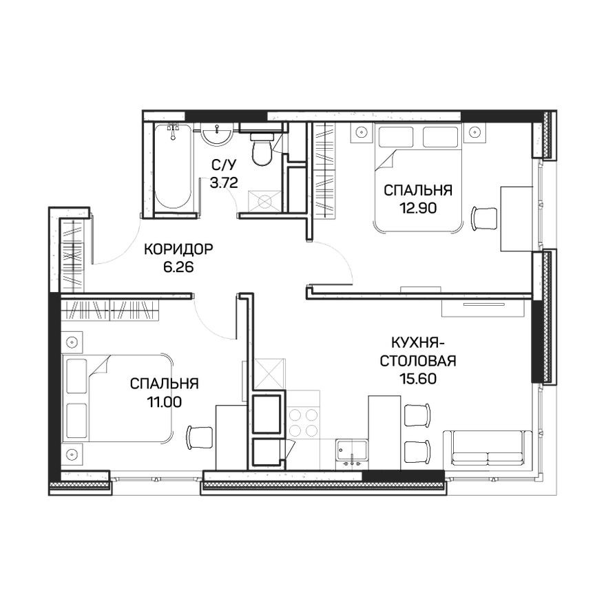 2к. апартаменты, 49.7 м²