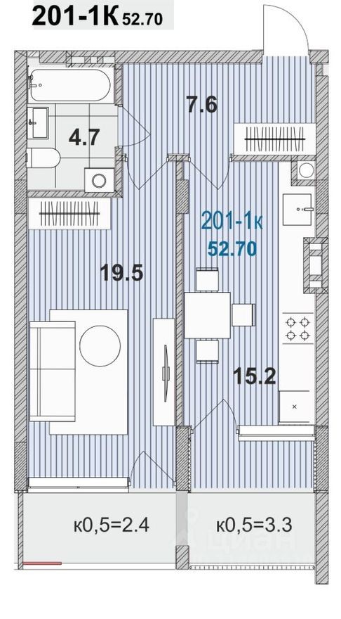 1к. квартира, 52.7 м²