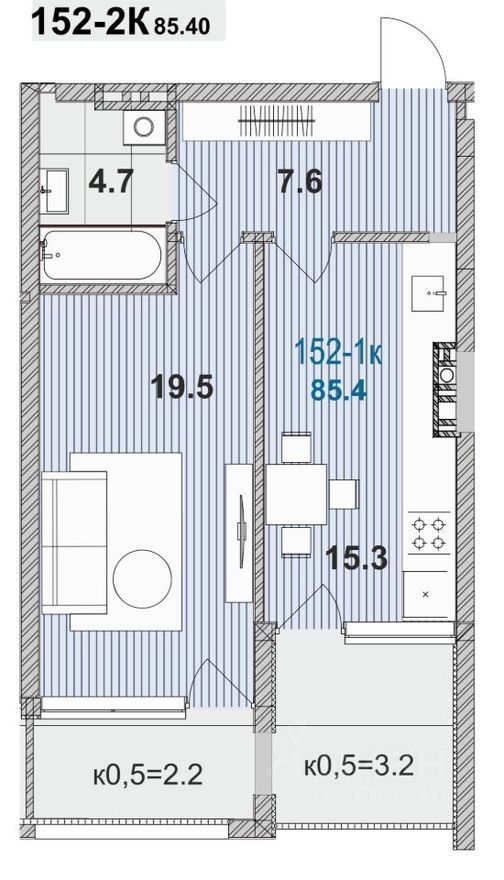 1к. квартира, 52.5 м²