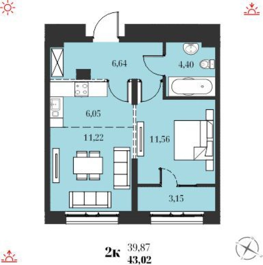 2к. квартира, 43.0 м²