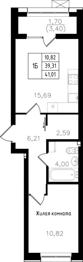 1к. квартира, 41.0 м²