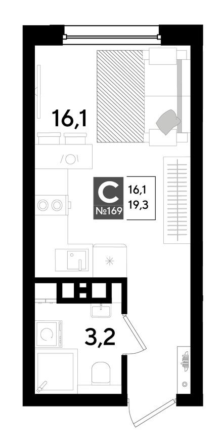 Студия-квартира, 19.3 м²