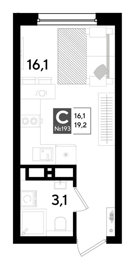 Студия-квартира, 19.2 м²