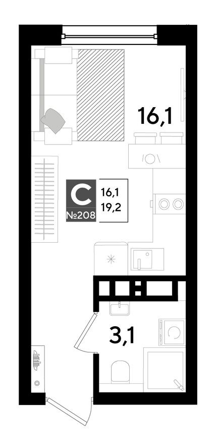Студия-квартира, 19.2 м²