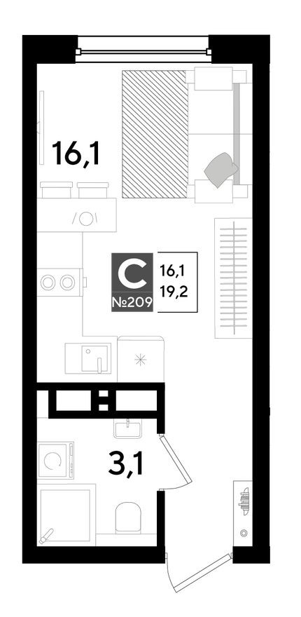 Студия-квартира, 19.2 м²