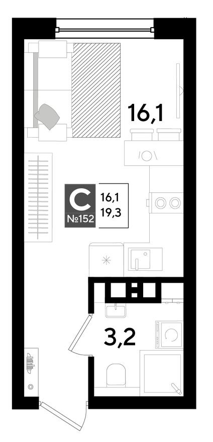 Студия-квартира, 19.3 м²