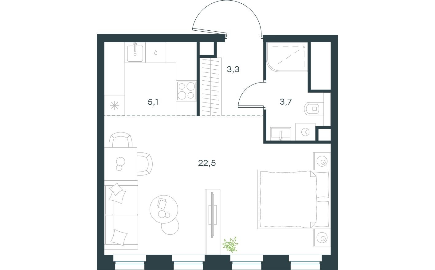 1к. квартира, 34.6 м²