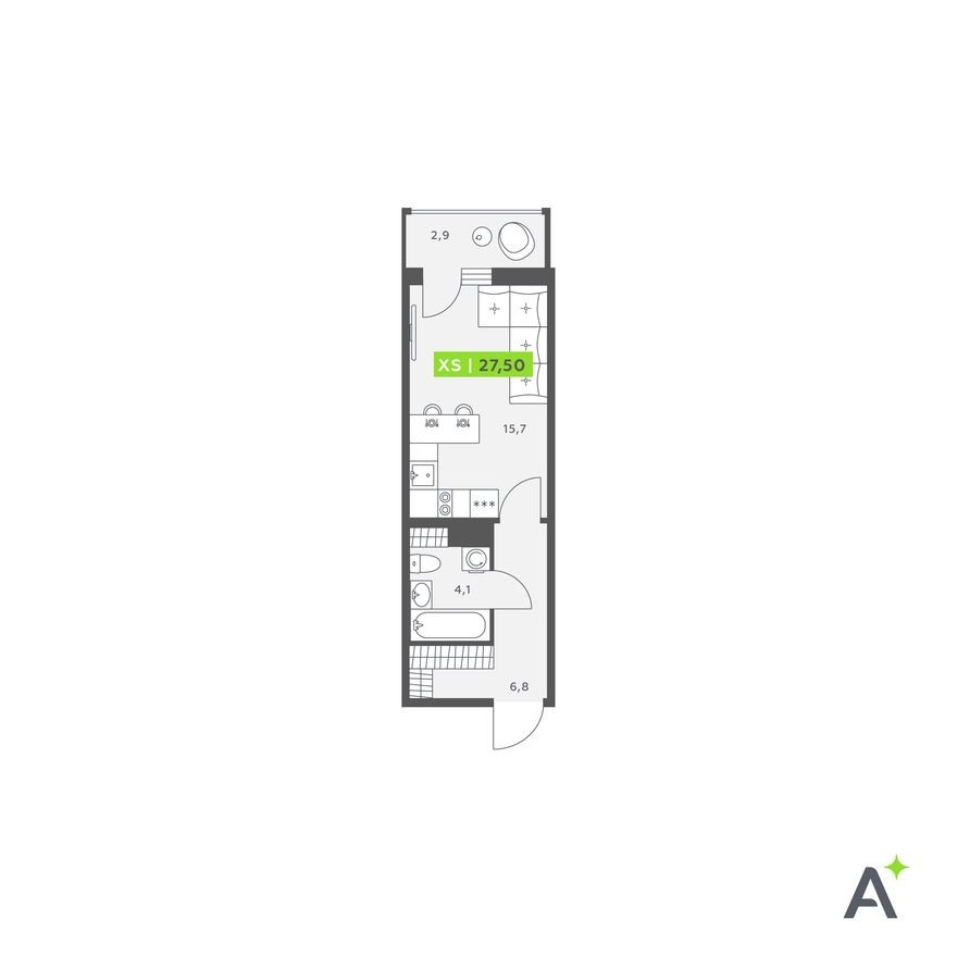Студия-квартира, 27.5 м²