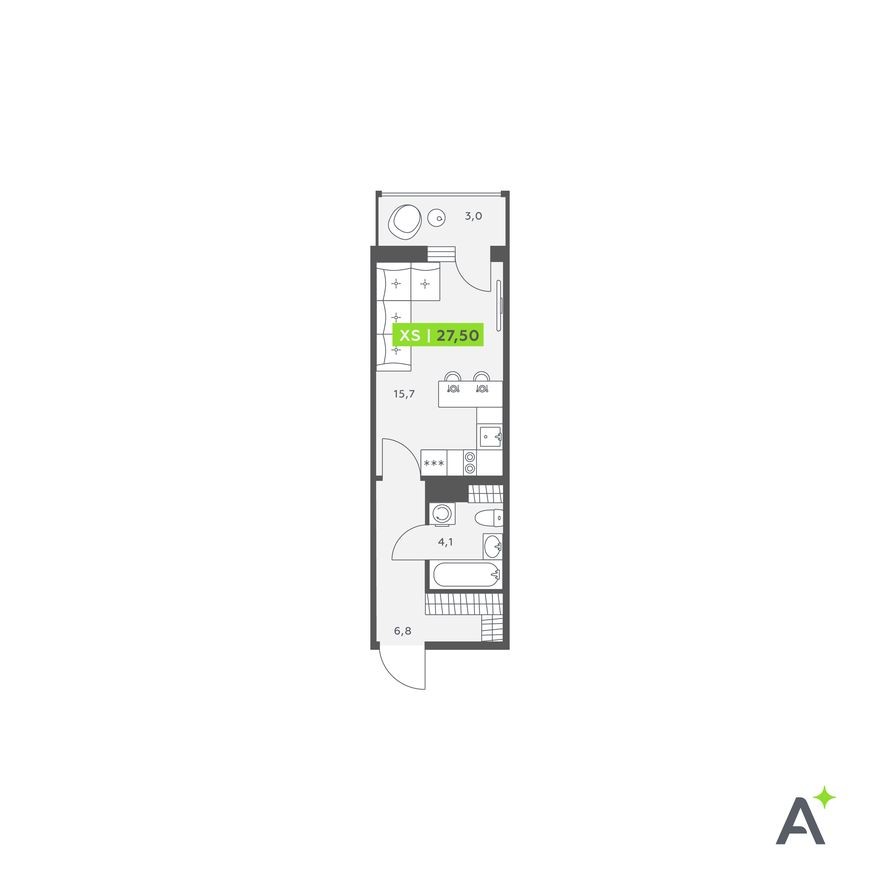 Студия-квартира, 27.5 м²