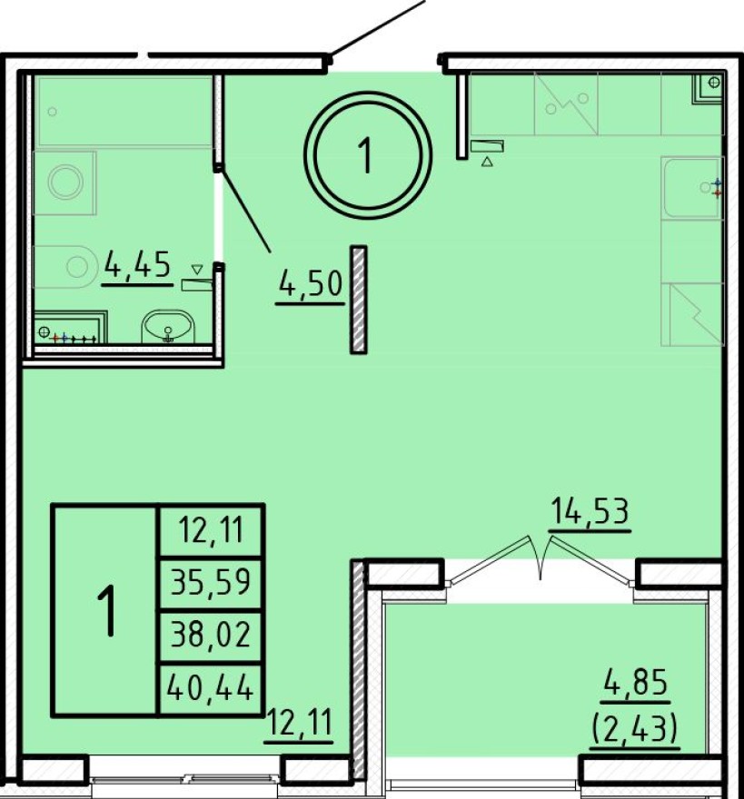 1к. квартира, 35.6 м²