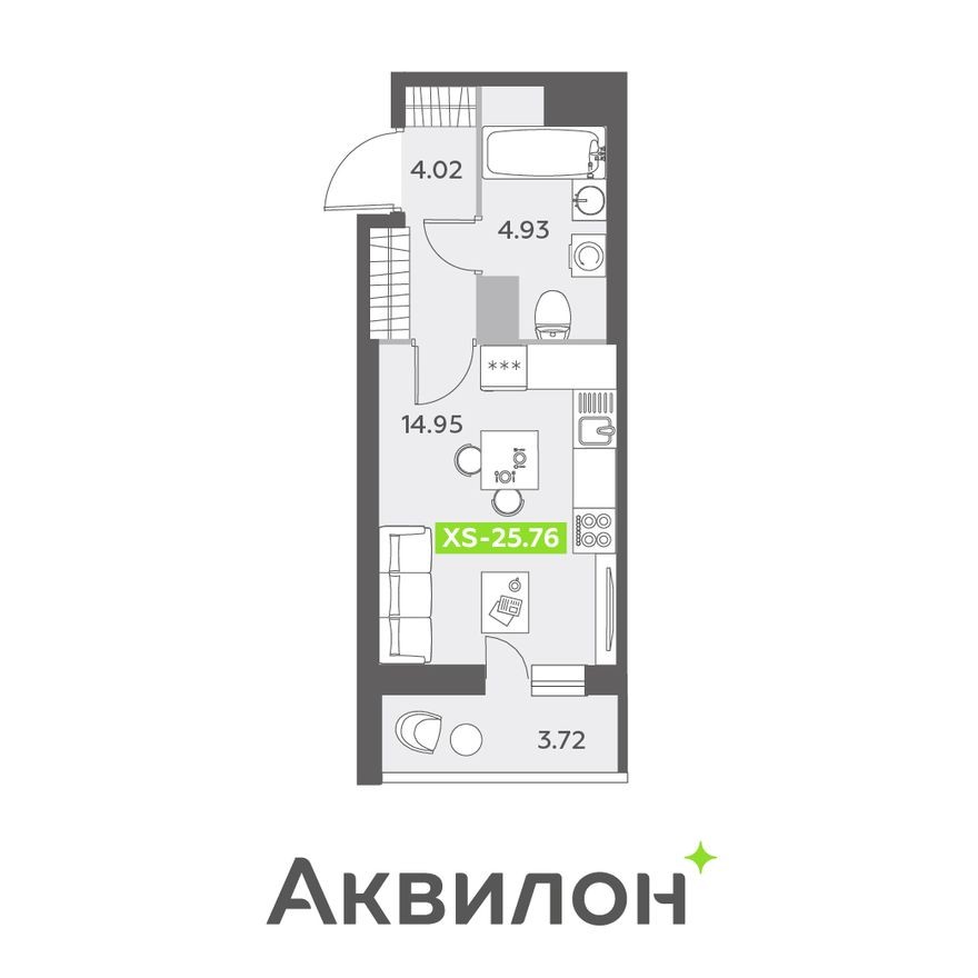 Студия-квартира, 26.3 м²