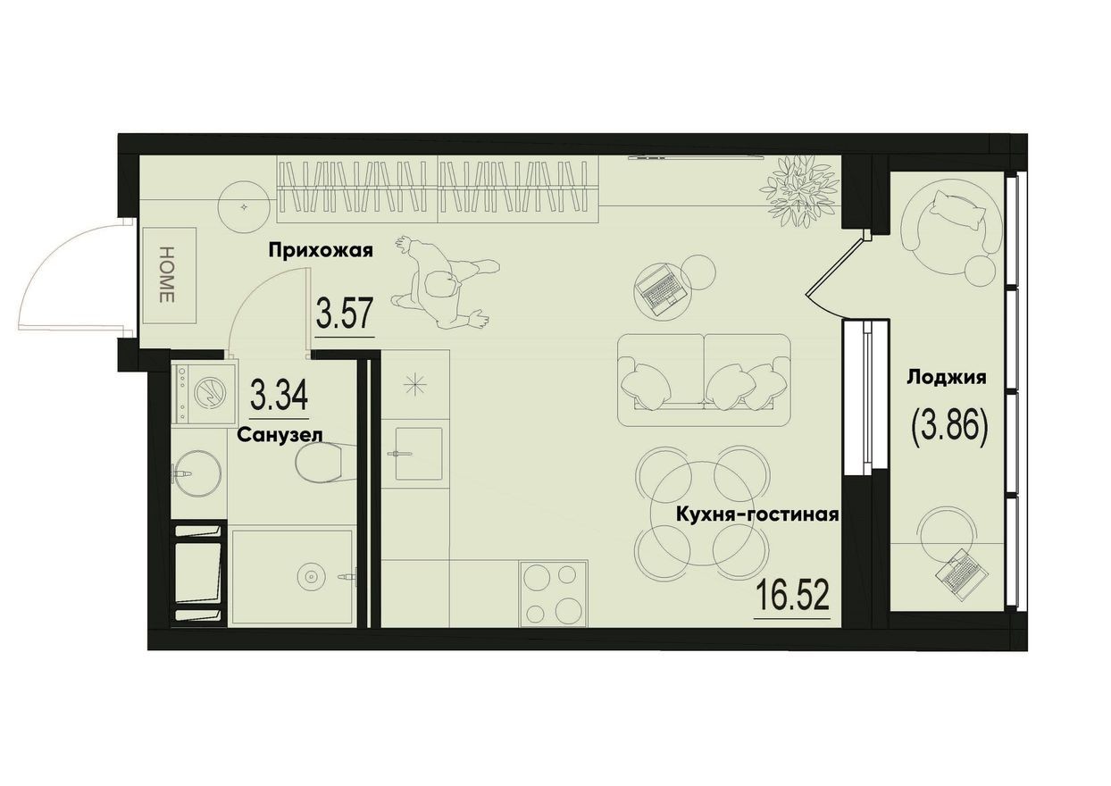 Студия-квартира, 25.4 м²