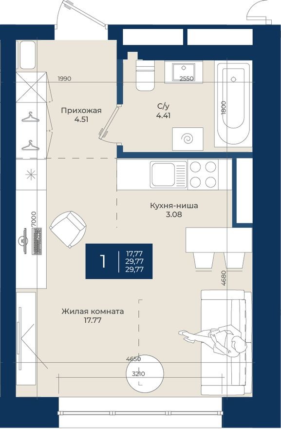 Студия-квартира, 29.8 м²