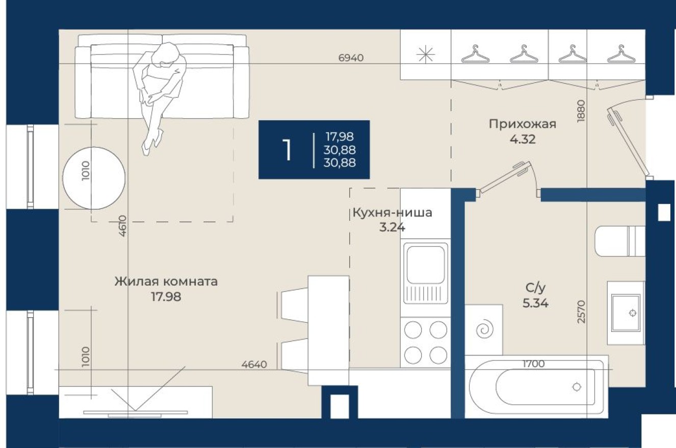 Студия-квартира, 30.9 м²