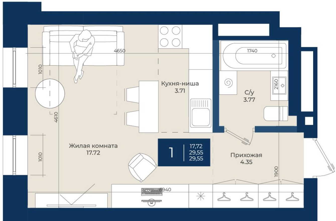 Студия-квартира, 29.6 м²