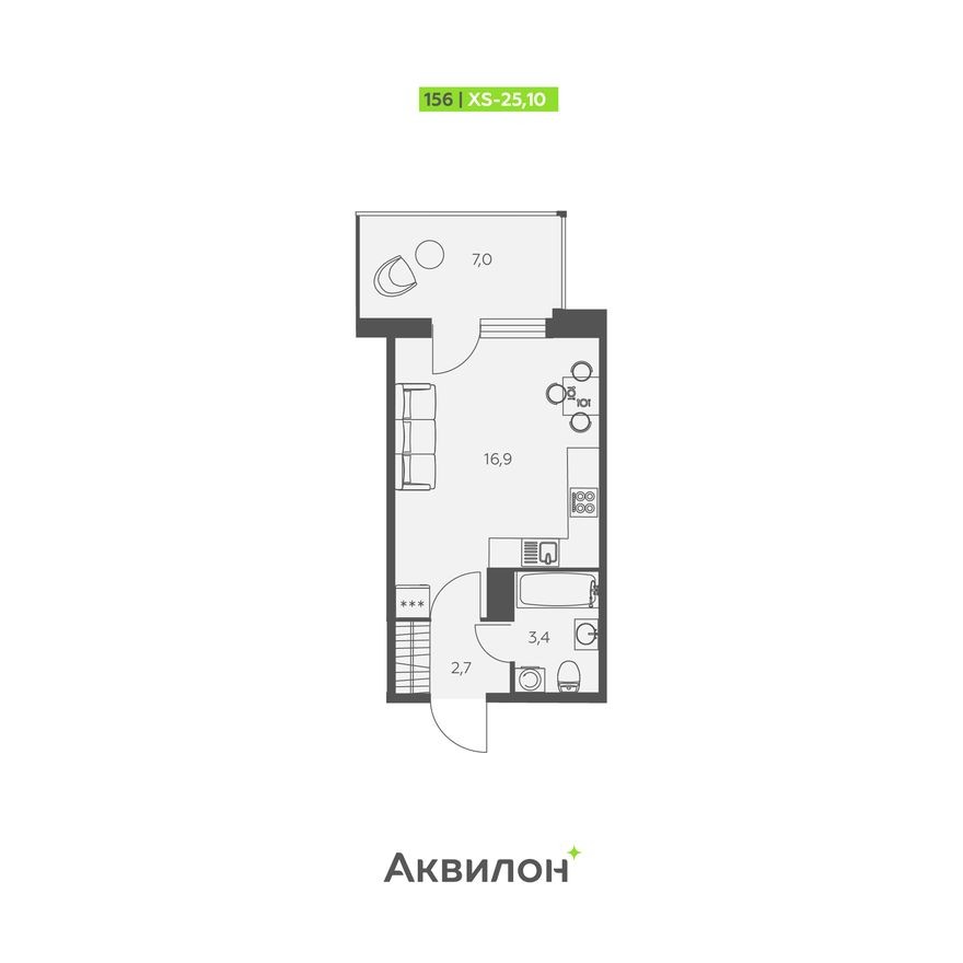 Студия-квартира, 25.1 м²