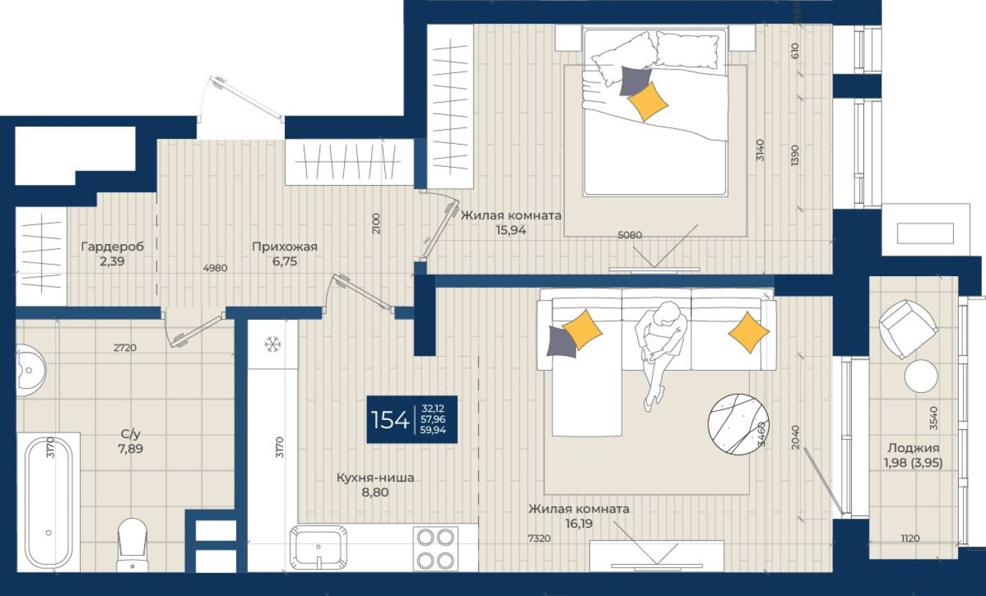 1к. квартира, 59.9 м²