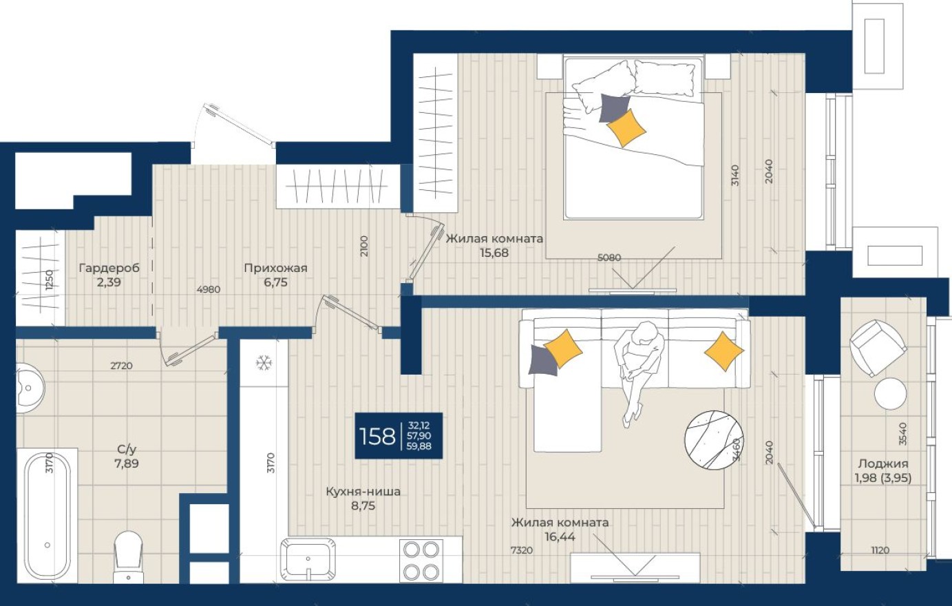 1к. квартира, 59.9 м²