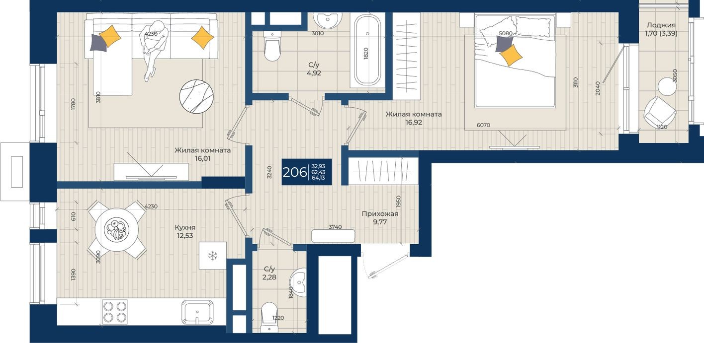 2к. квартира, 64.1 м²