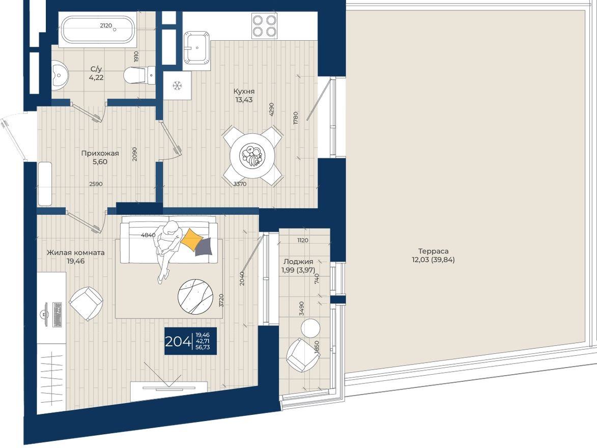 1к. квартира, 56.7 м²